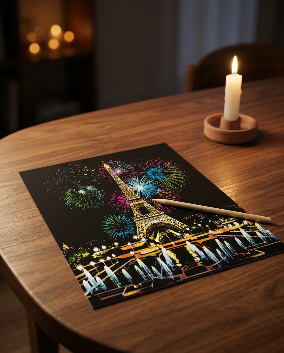 The Glow Kit — Paris Eiffel Tower & fireworks scratch art on a warm candlelit table
