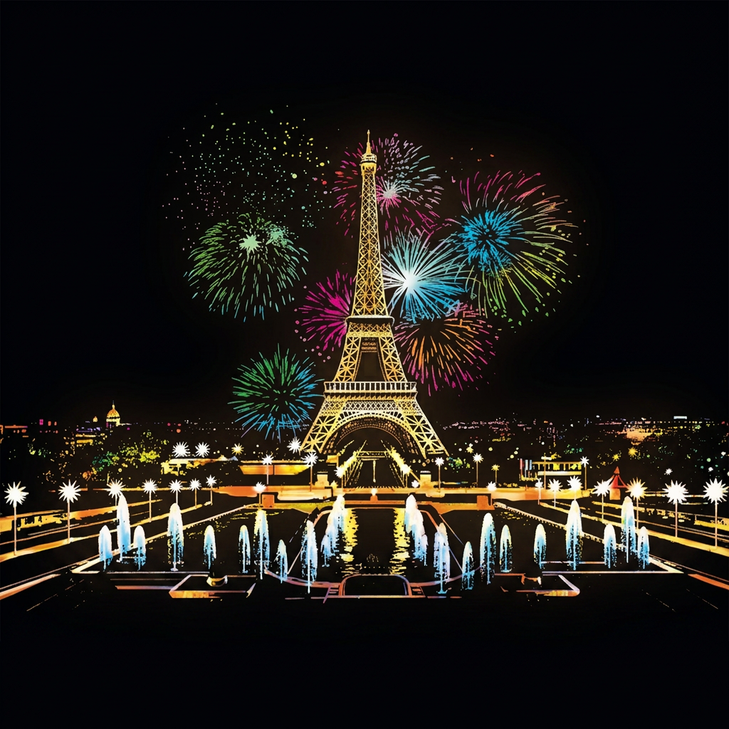 Paris Eiffel Tower & fireworks scratch-art design