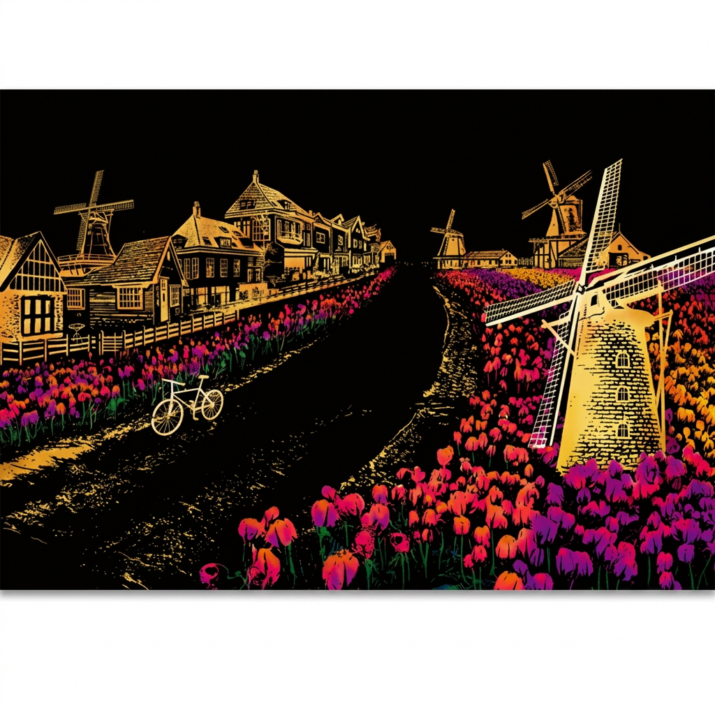 Dutch windmills scratch-art design
