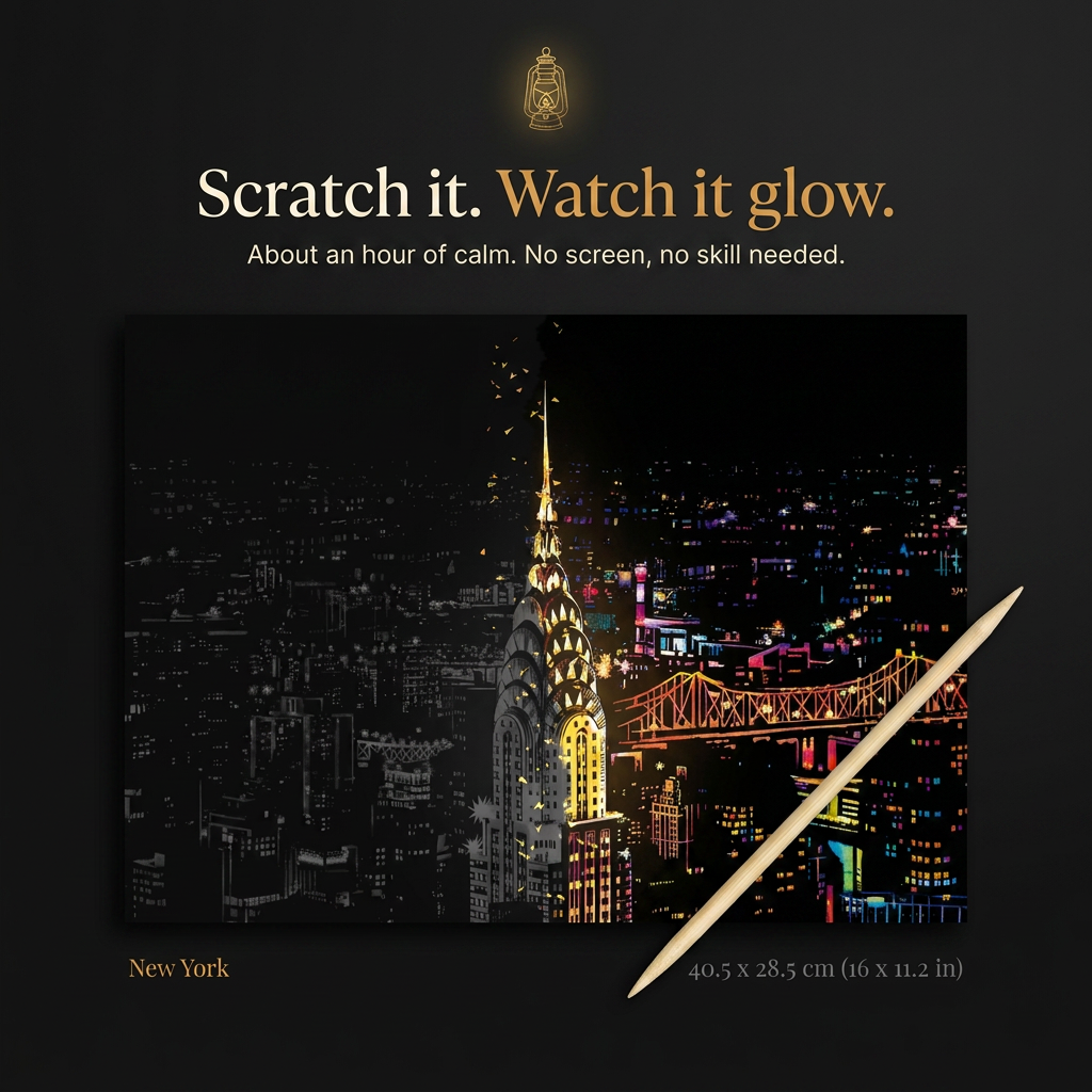The Scratchlight Evening: scratch it, watch it glow. New York card half revealed with bamboo stylus