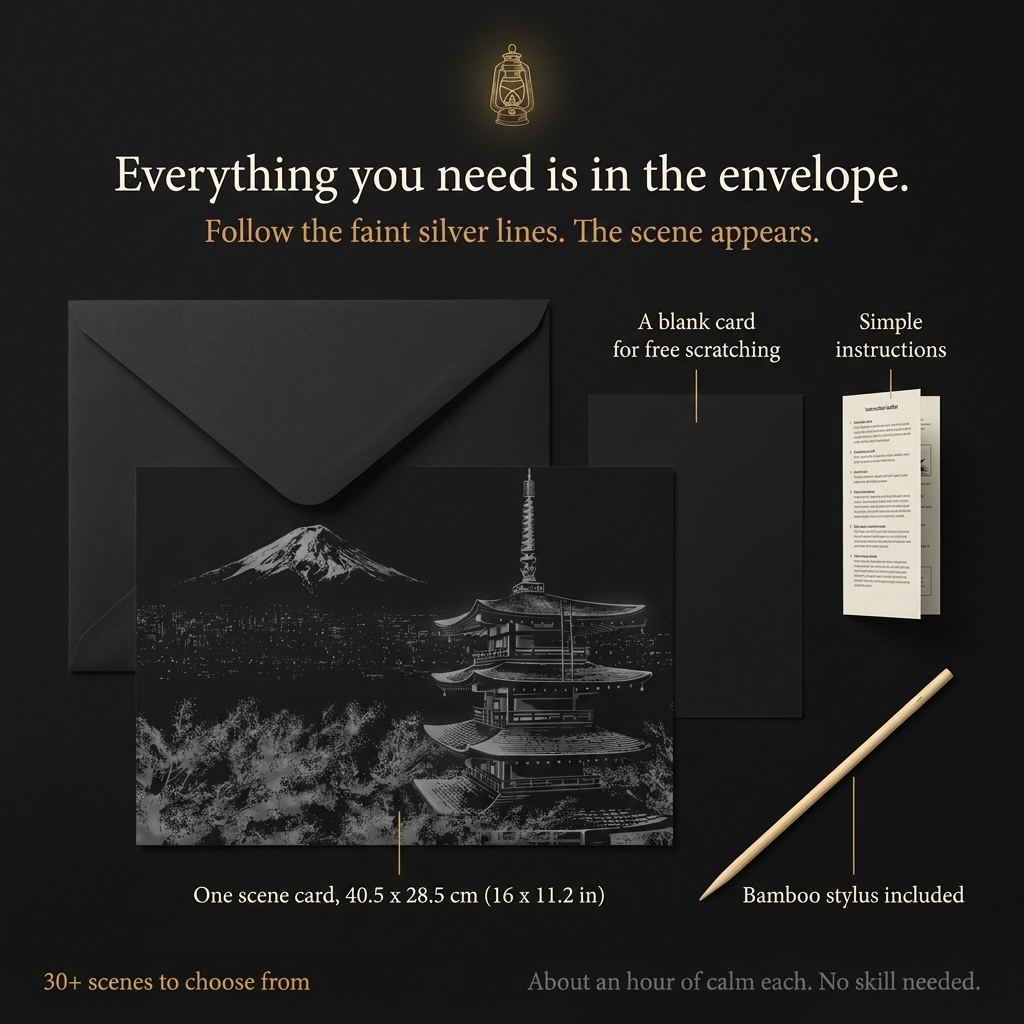 What is in the kit: scene card 40.5 x 28.5 cm, bamboo stylus, blank card, instructions. 30+ scenes to choose from