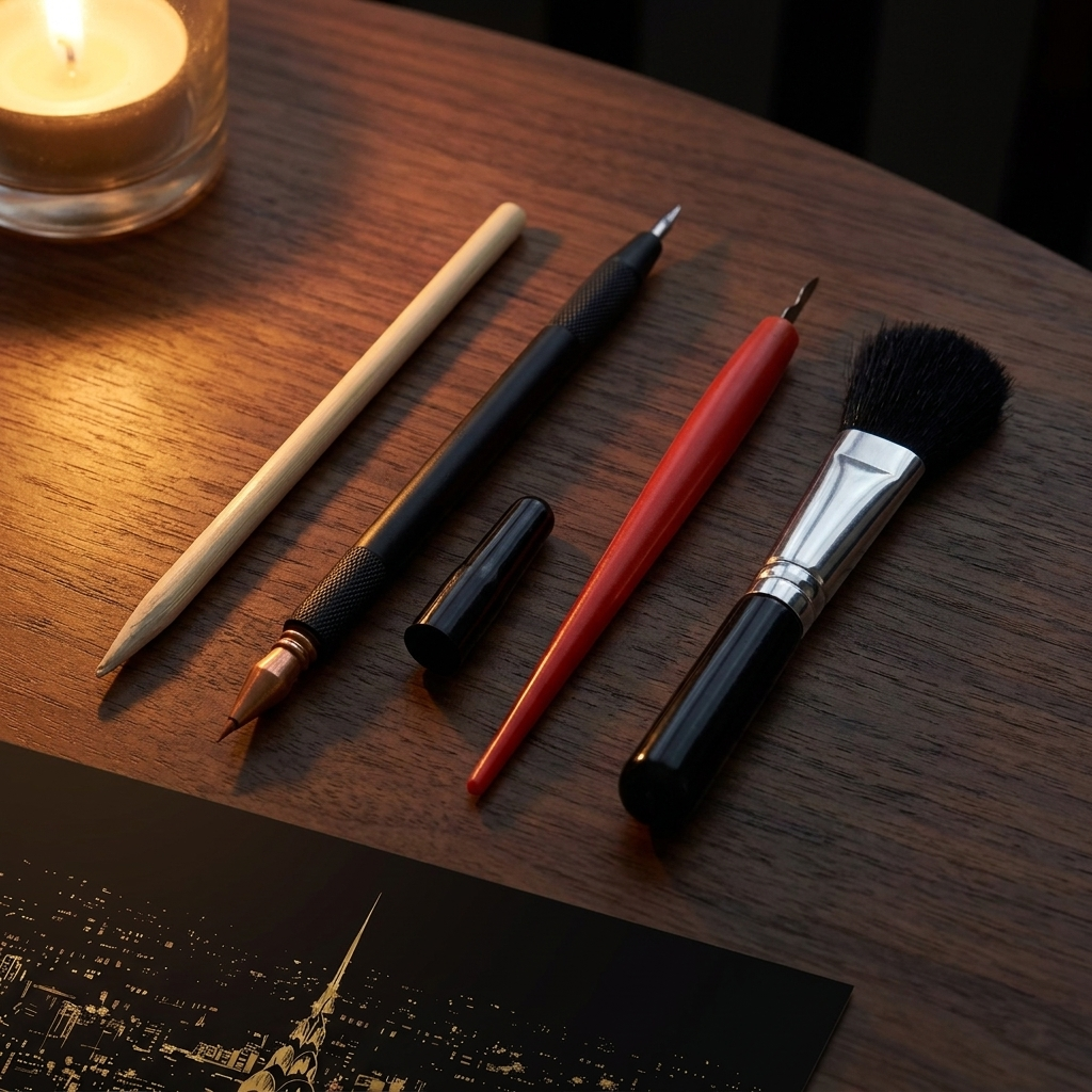 Starter Scratch Tools 5-piece set on an evening table by candlelight: bamboo stylus, dual-tip scratch pen with cap, fine-point etching pen and soft dusting brush