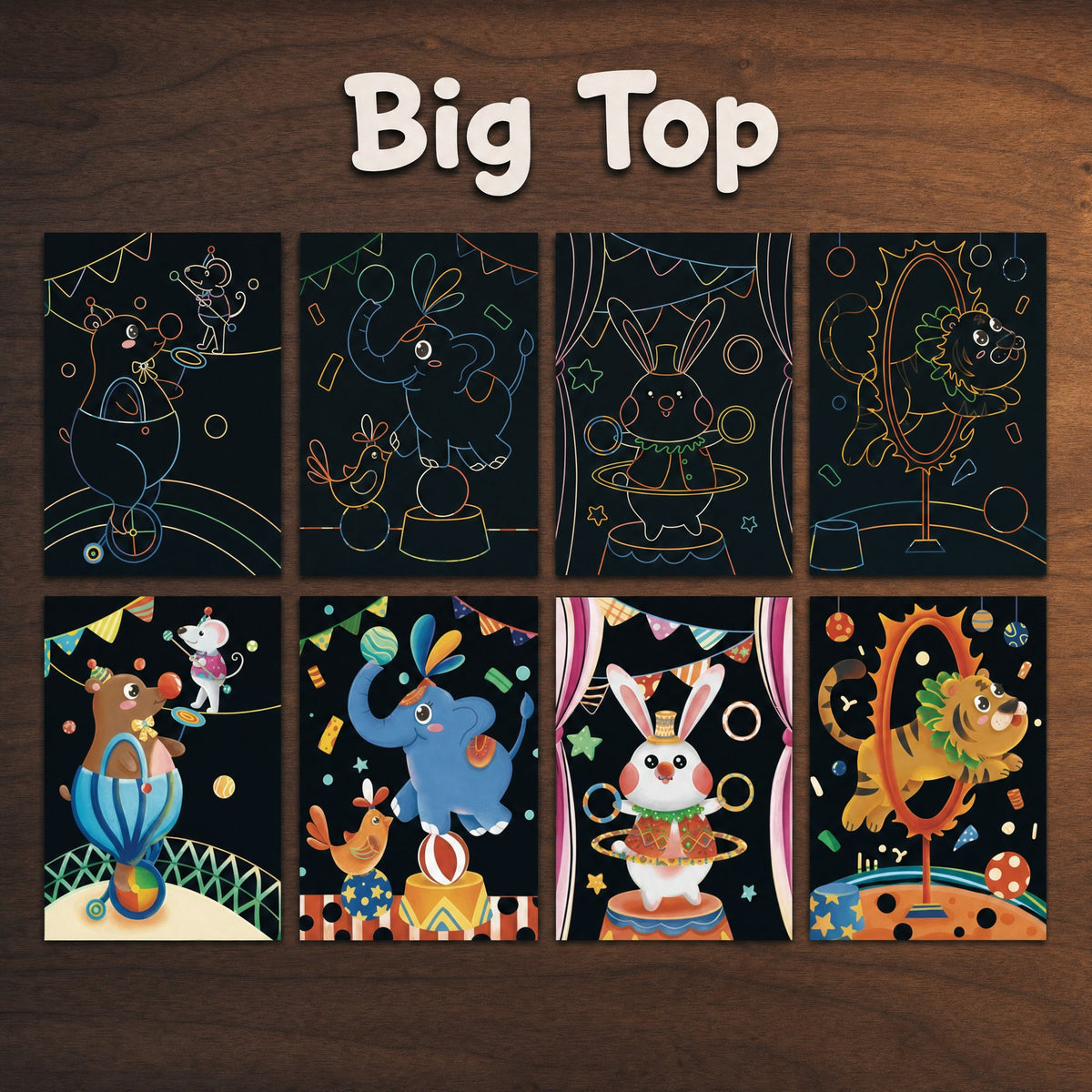 The Kids' Set, Big Top: four scratch cards before and after