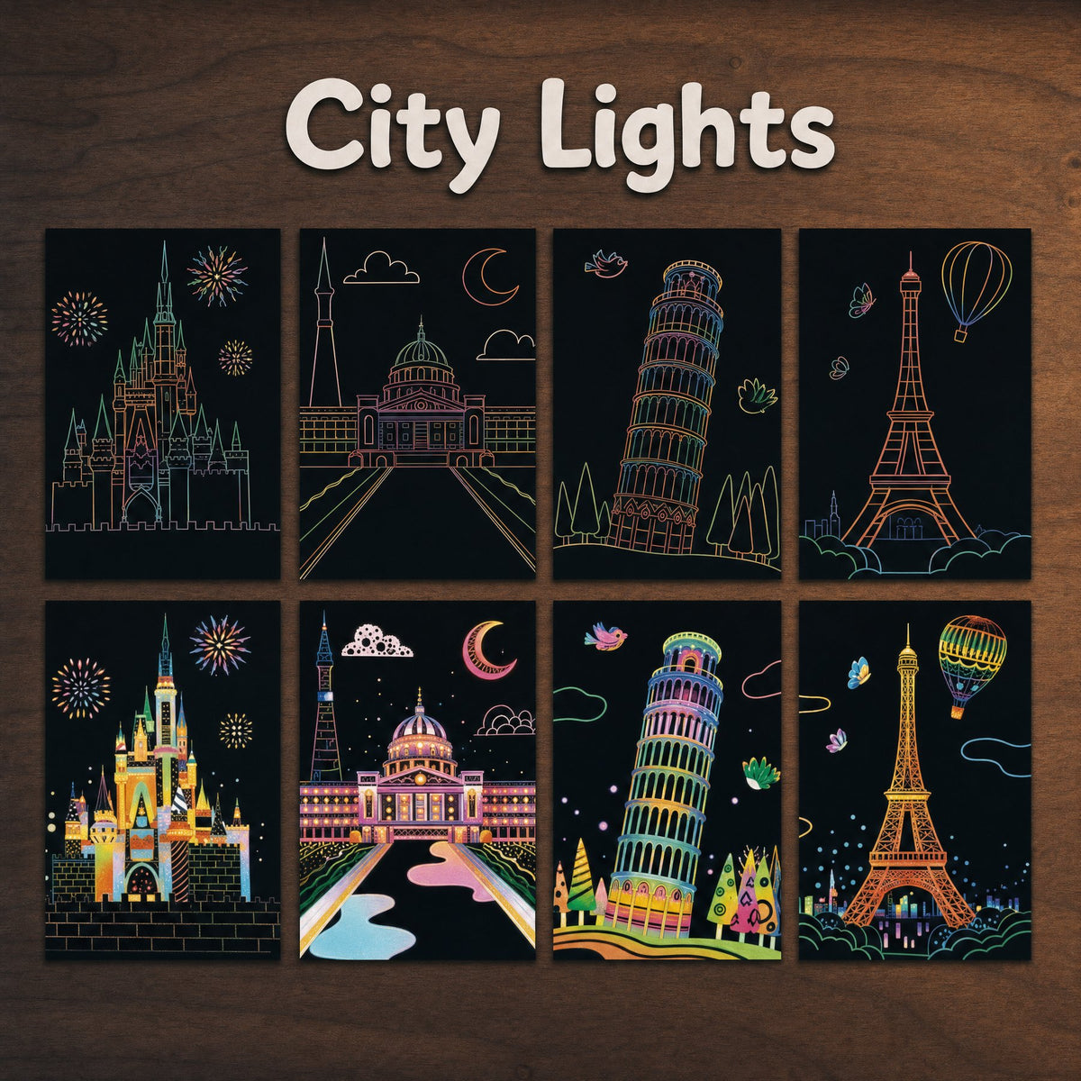 The Kids' Set, City Lights: four scratch cards before and after
