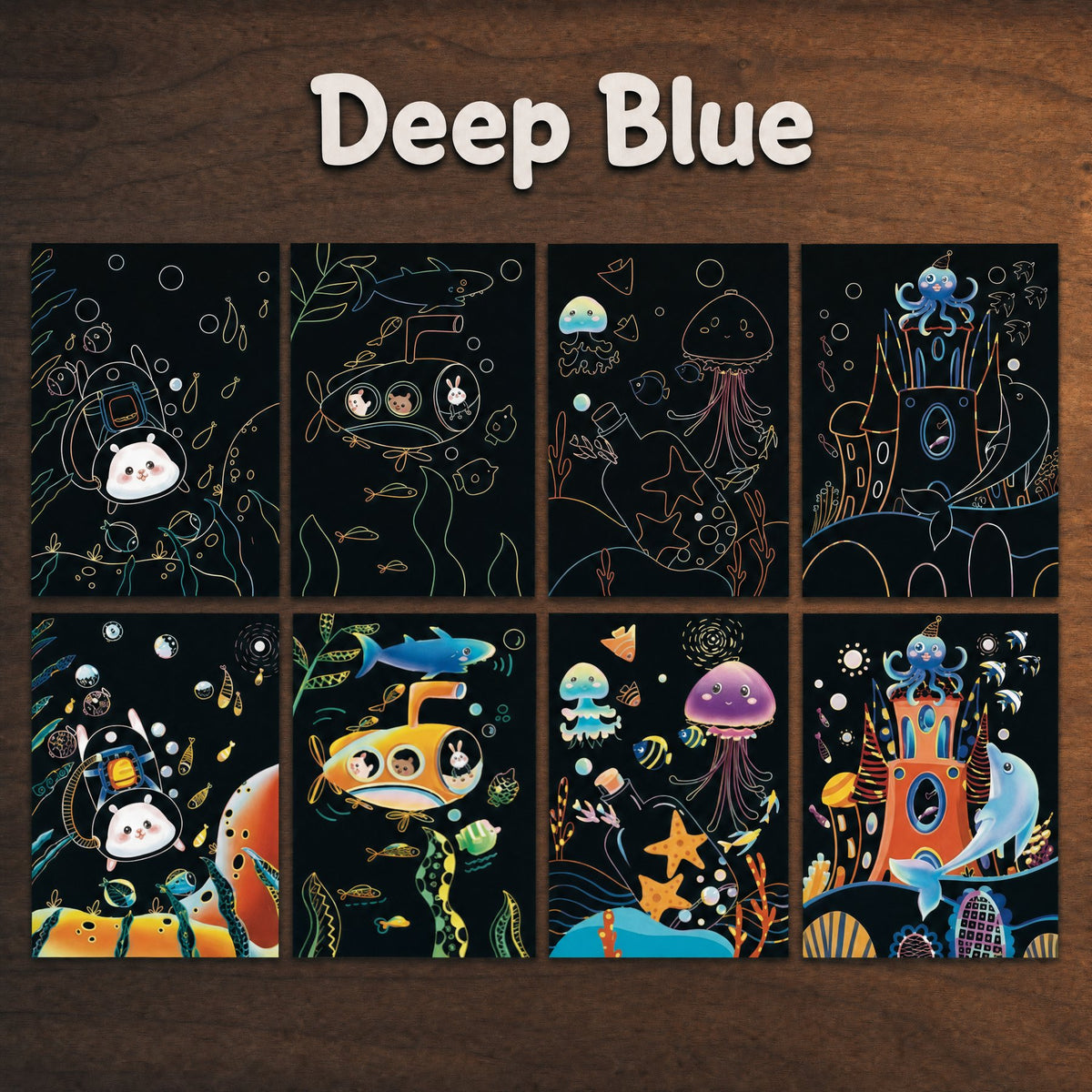 The Kids' Set, Deep Blue: four scratch cards before and after