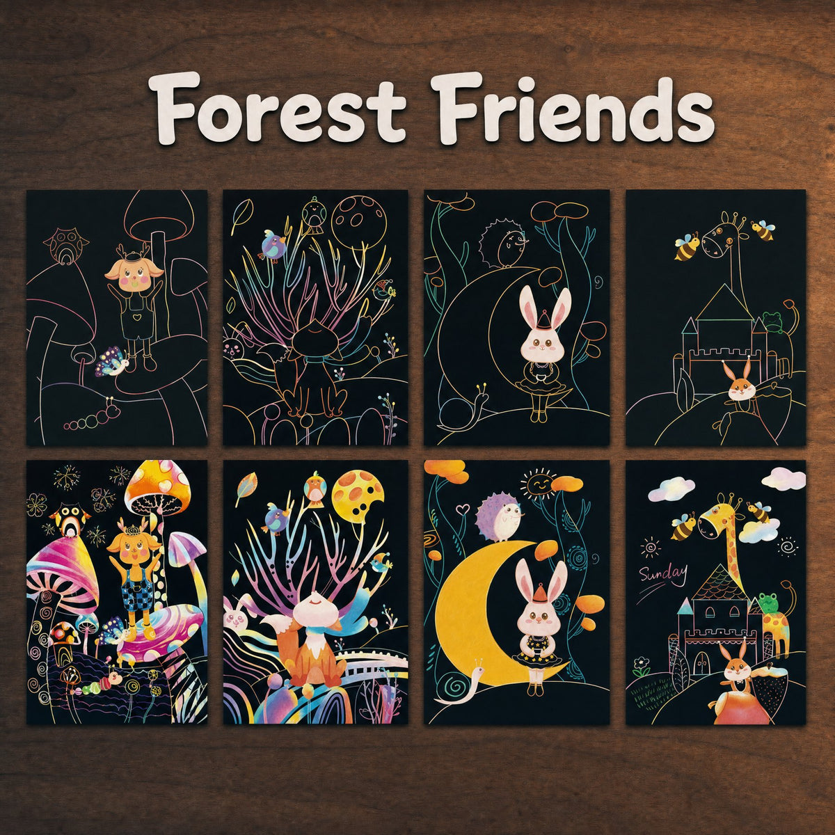 The Kids' Set, Forest Friends: four scratch cards before and after