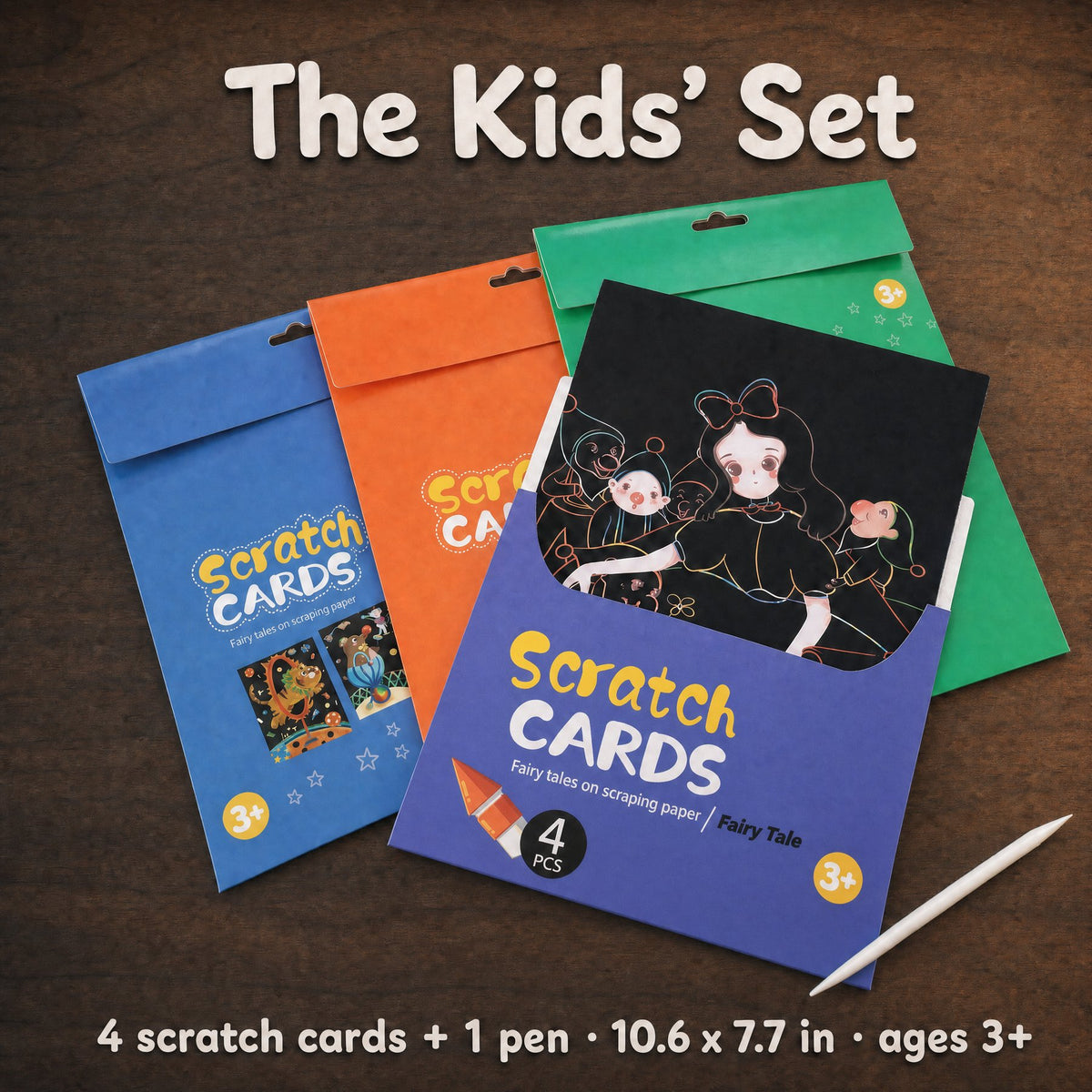 The Kids' Set: four scratch cards and one pen in an envelope pack, 10.6 by 7.7 inches, for ages 3 and up