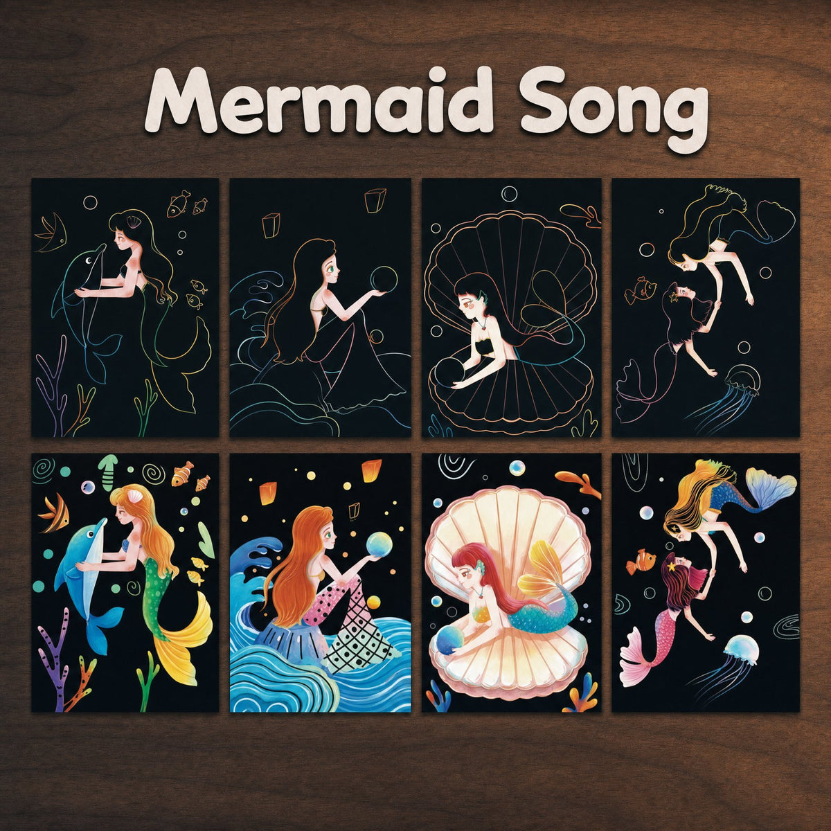 The Kids' Set, Mermaid Song: four scratch cards before and after