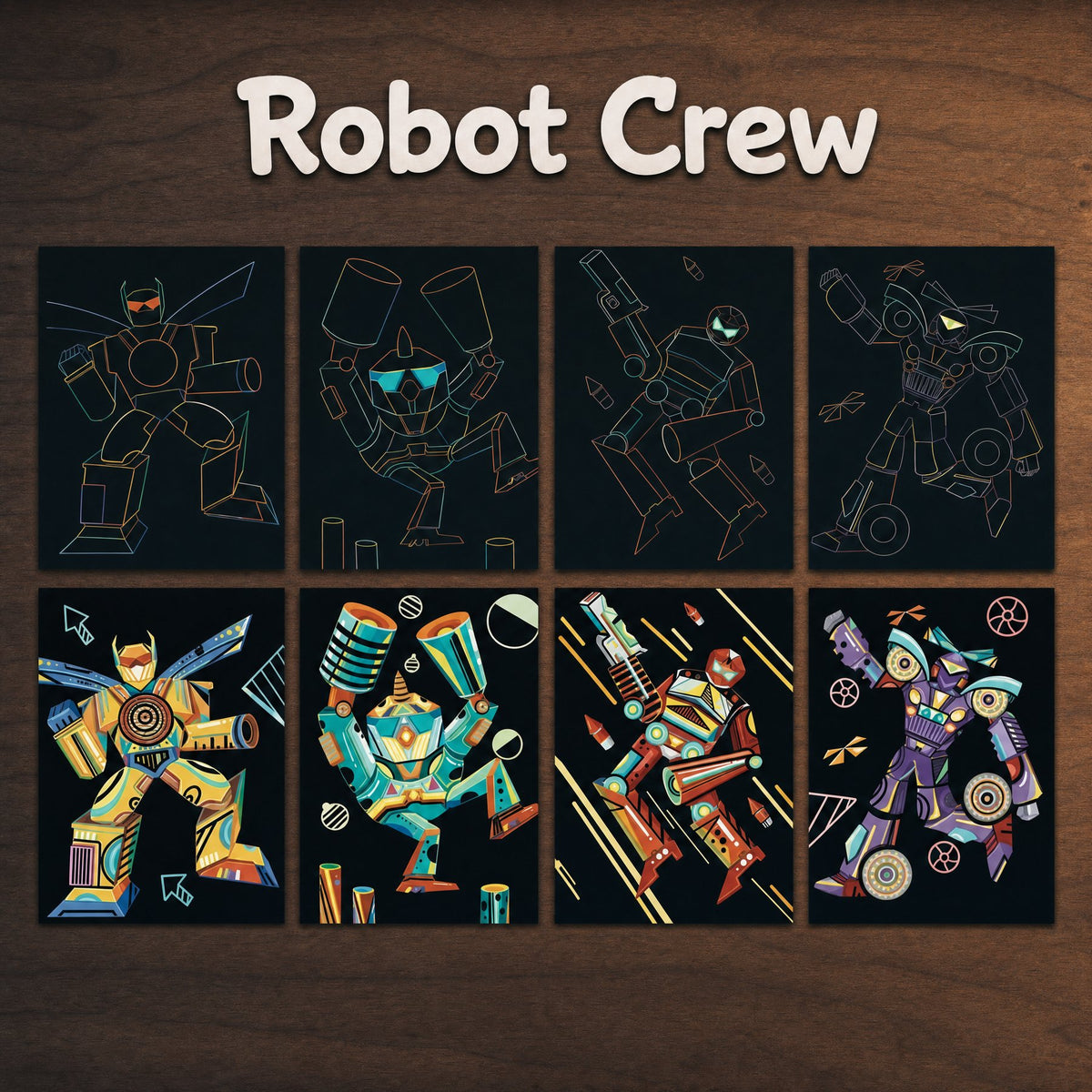 The Kids' Set, Robot Crew: four scratch cards before and after