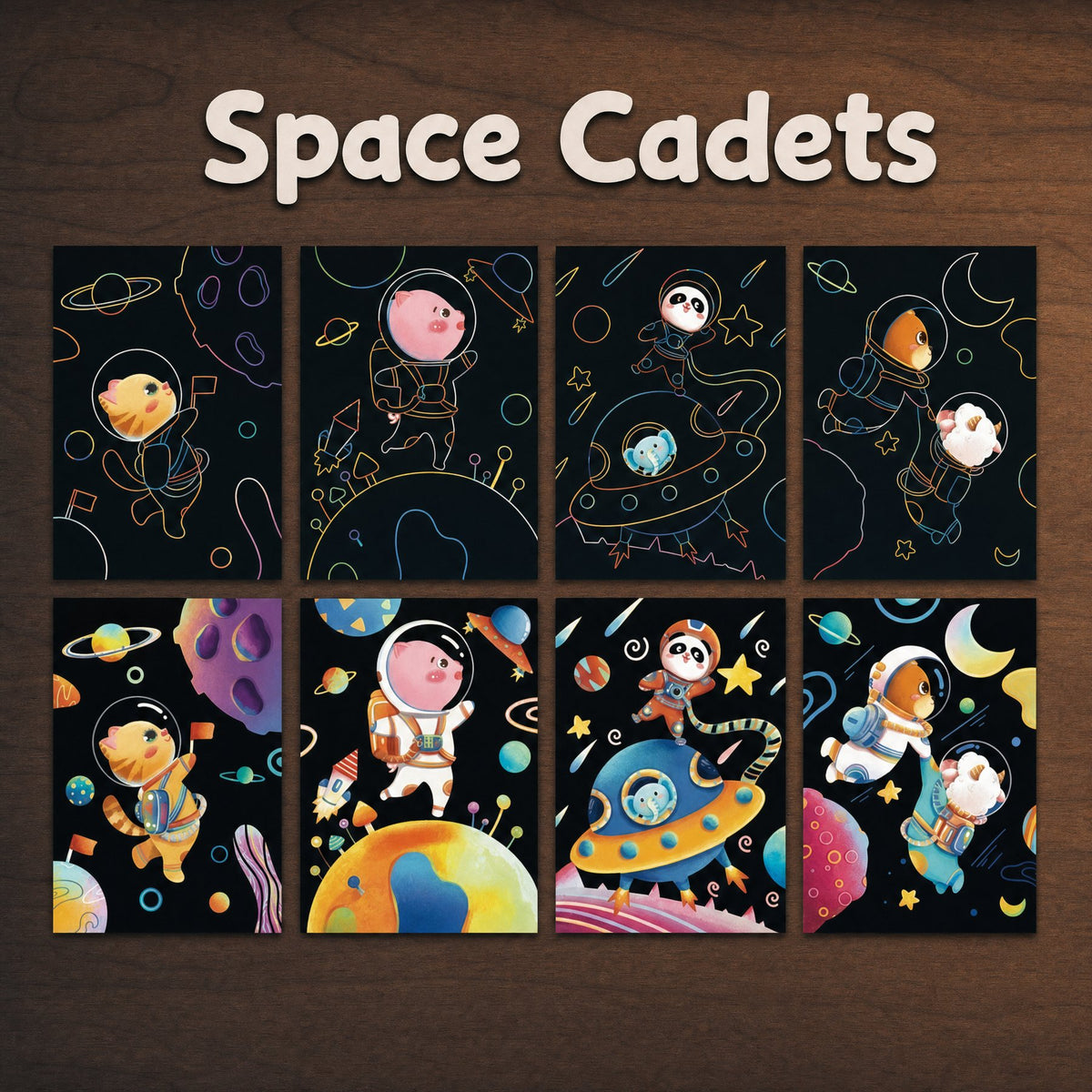 The Kids' Set, Space Cadets: four scratch cards before and after