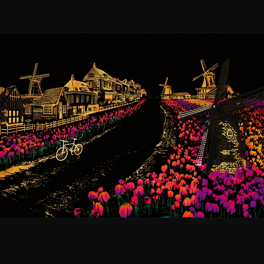 Dutch windmills scratch-art design on matte black