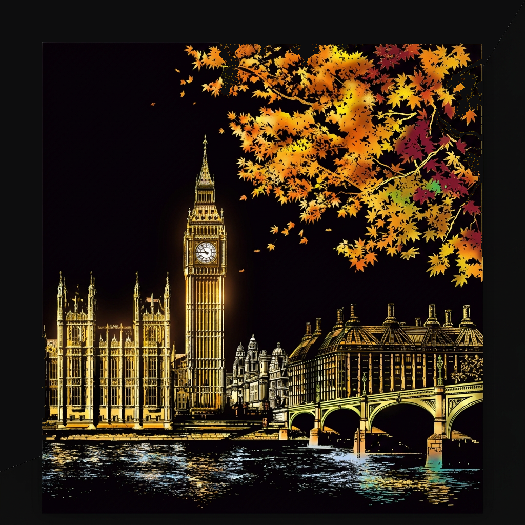 Big Ben scratch-art design on matte black