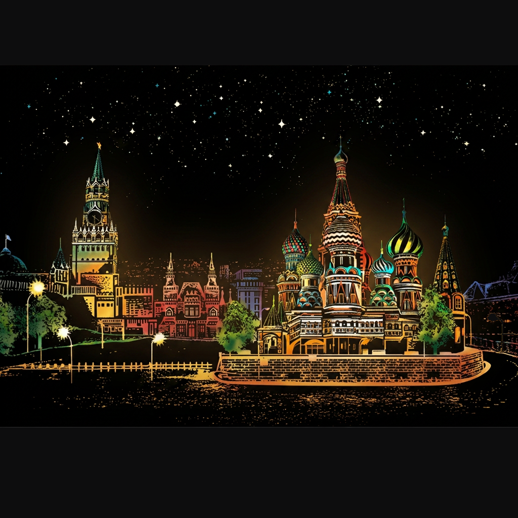 Russian Red Square scratch-art design on matte black