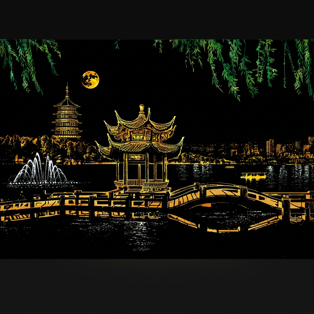 West Lake in Hangzhou scratch-art design on matte black