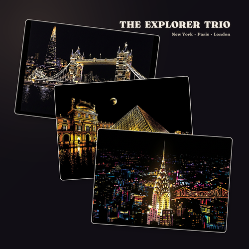 The Explorer Trio: New York, Paris and London scratch art cards, cascading on a warm dark background