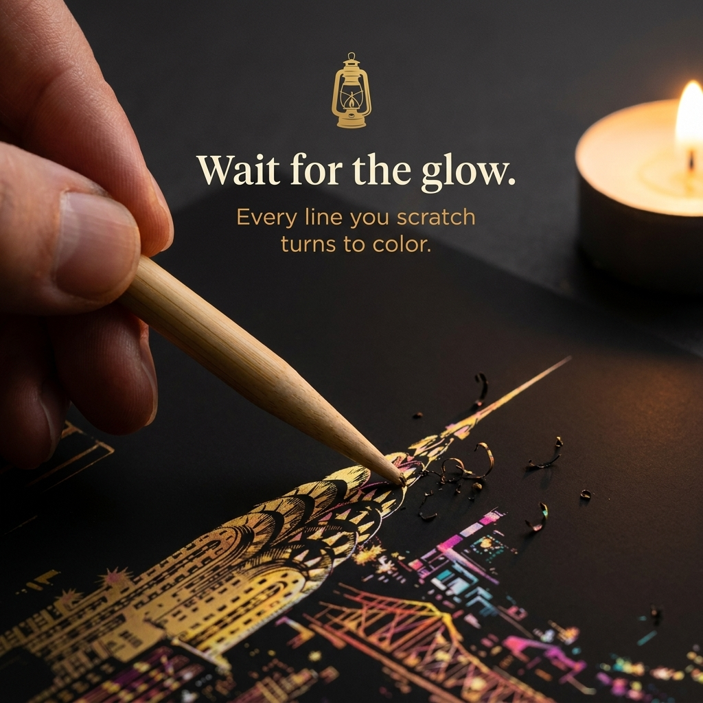 Macro close-up: the bamboo stylus scratches the black away to reveal the glowing New York skyline