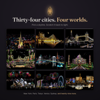 Thirty-four scratch-art cities across four worlds, each glowing in full color on matte black. Pick your skyline and scratch it back to light.