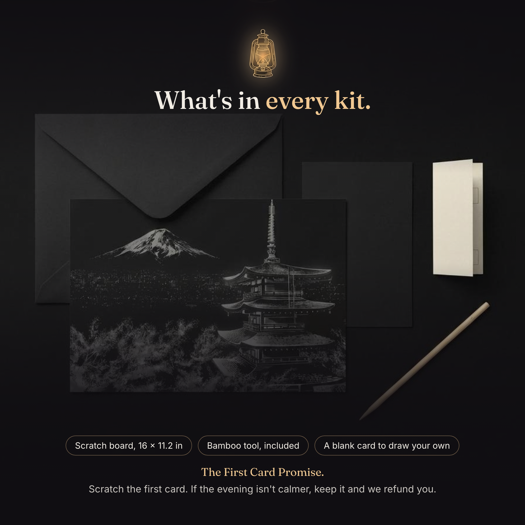 What is in every kit: the scratch board 16 x 11.2 in, a bamboo tool, a blank card to draw your own, and the First Card Promise.