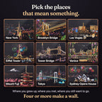 Nine of the finished cards: New York, Brooklyn Bridge, Las Vegas, the Eiffel Tower, Tower Bridge, Venice, Mount Fuji, Tokyo and the Sydney Opera House. Pick the places that mean something: where you grew up, where you met, where you still want to go. Four or more make a wall.