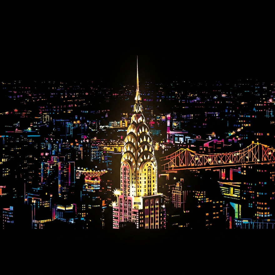 The scratched card: a full-color city skyline glowing on matte black