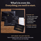 What's in every kit: the city card printed in gray, a blank black card, its envelope, a bamboo stick and instructions, with a printed thank-you card in every parcel. Gift-ready, or just for you: send it straight to them, with our printed card inside, or keep it for your own evenings.