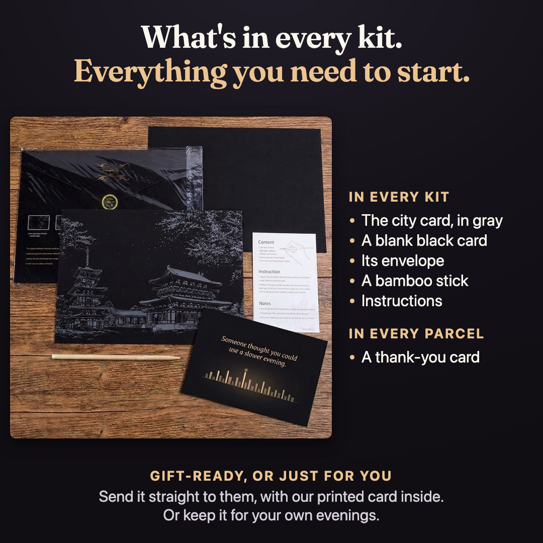 What's in every kit: the city card printed in gray, a blank black card, its envelope, a bamboo stick and instructions, with a printed thank-you card in every parcel. Gift-ready, or just for you: send it straight to them, with our printed card inside, or keep it for your own evenings.