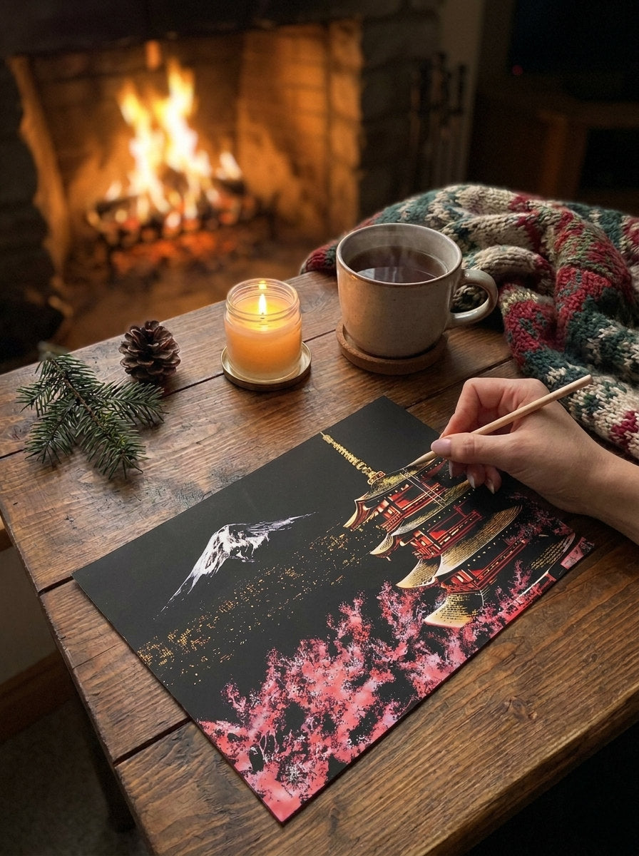 Hands scratching the Mount Fuji card by a fireplace, with tea and a candle