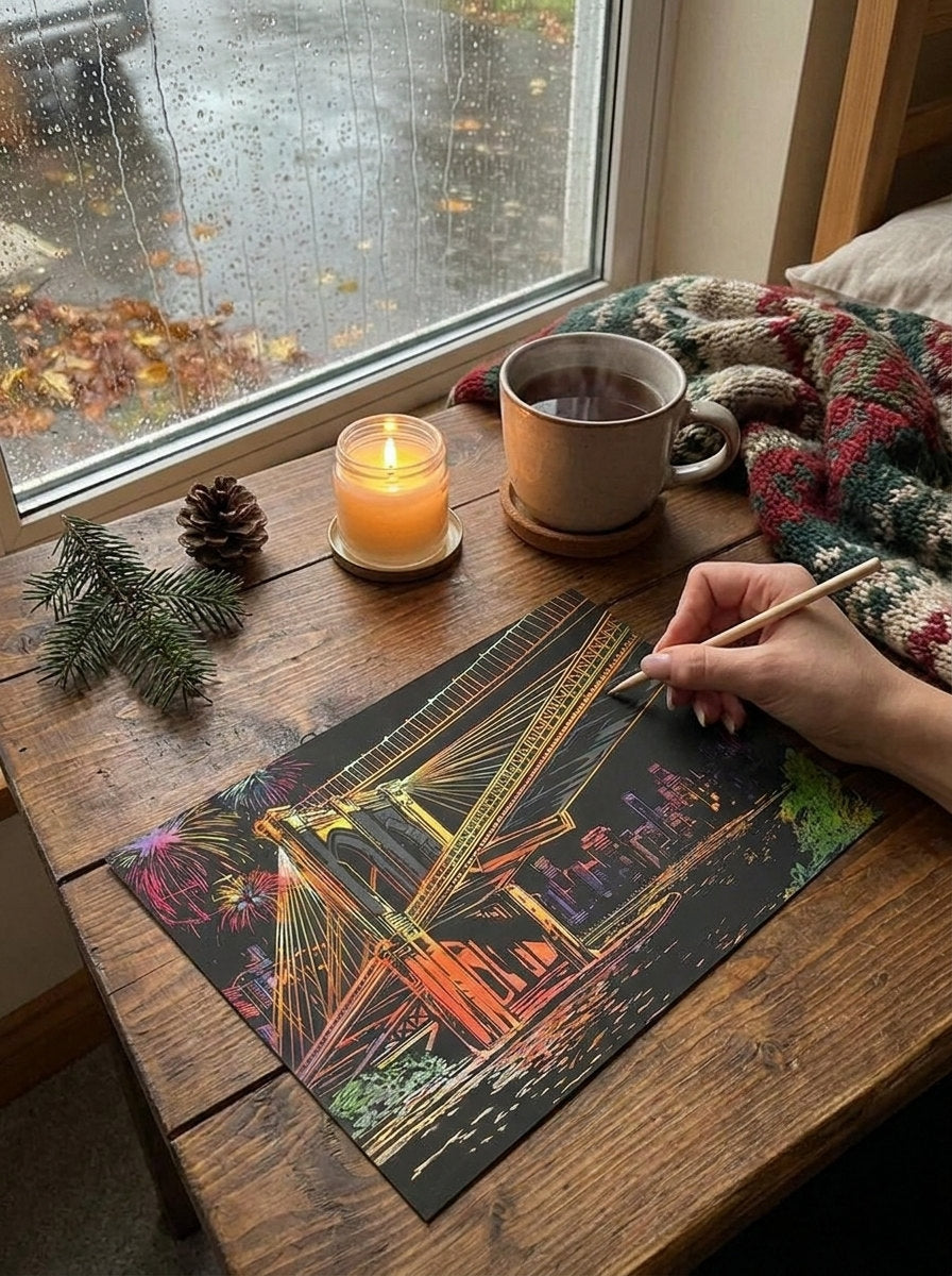 Hands scratching a city card at a wooden table by a rainy window, with tea and a candle
